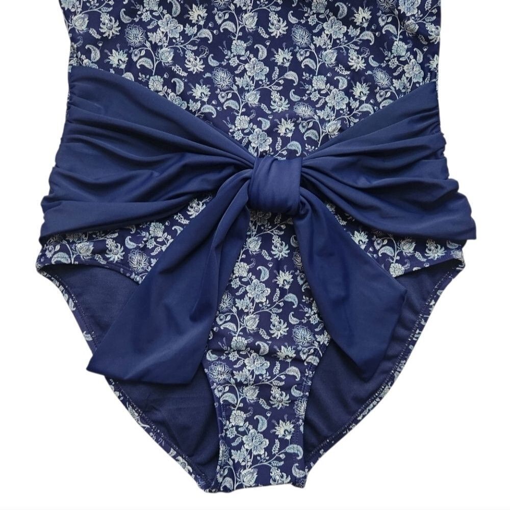 New! Carole Hochman Women Swimsuit Tie Waist Paisley Lined Blue White Large - Picture 2 of 13